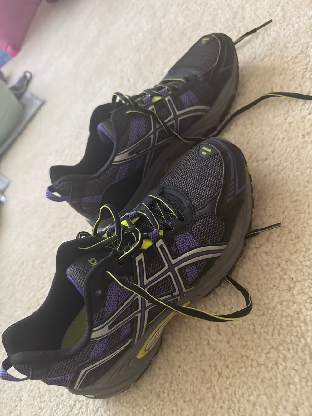 ASICS Black Running Sneakers with Purple and Lime Accents 8 1/2